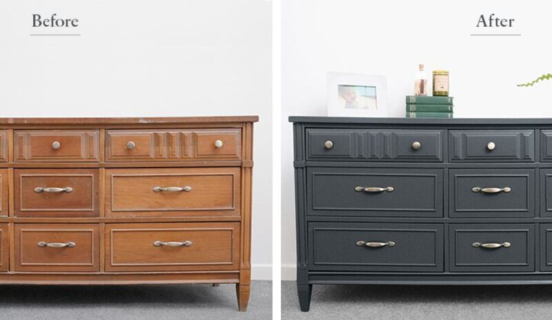 Two images, the first is a wood dresser cabinet, the second is a painted dresser cabinet. Two images, the first is a wood dresser cabinet, the second is a painted dresser cabinet.