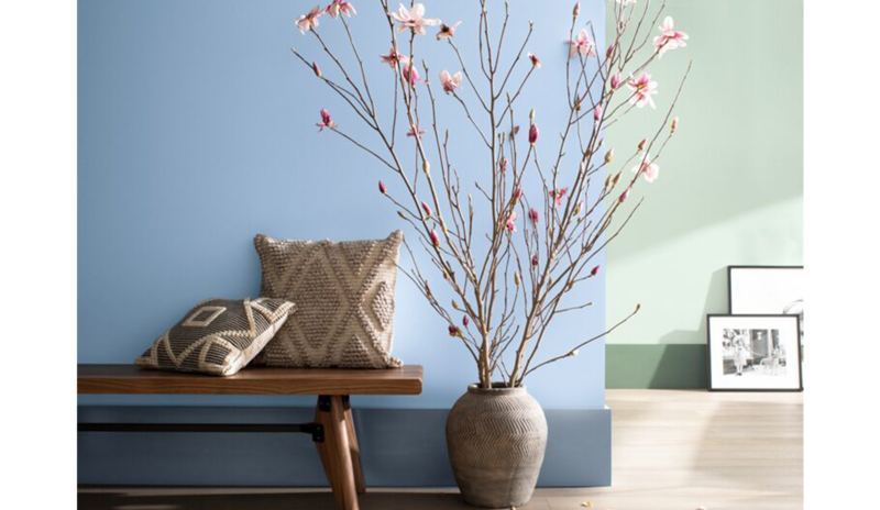 Two-toned sitting area with blue and green walls, wooden bench and branch vase