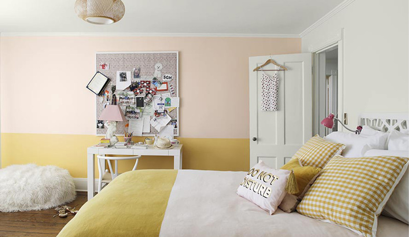 Soft White and Hawthorne Yellow painted bedroom with beanbag chair, cluttered corkboard, Soft White and Hawthorne Yellow painted bedroom with beanbag chair, cluttered corkboard,