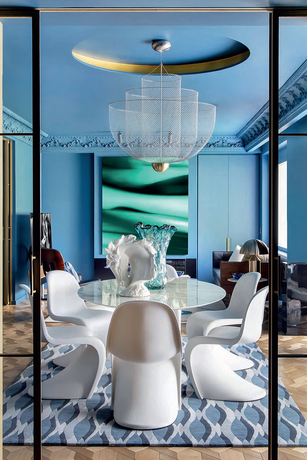 Color Blue Danube in interior wall and ceiling with gold accent 