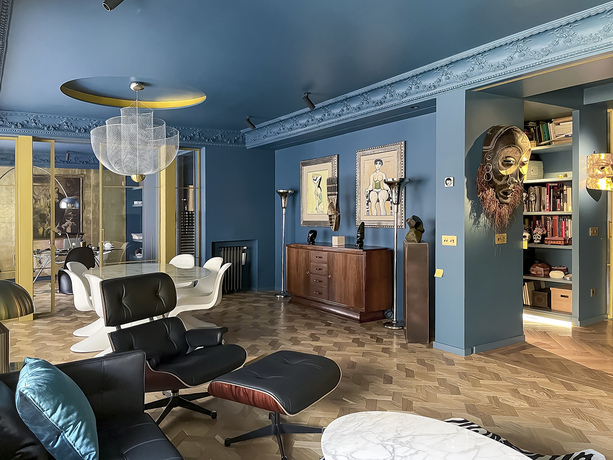 Color Blue Danube in interior wall and ceiling with gold accent 