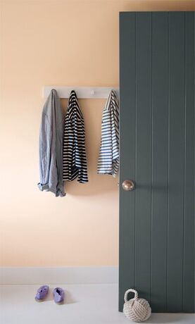 A charcoal gray-painted door stands out against a peach wall with white peg coat rack. A charcoal gray-painted door stands out against a peach wall with white peg coat rack.