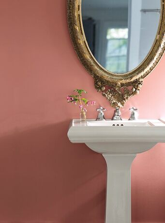 Paredes del baño pintadas de rosas con un espejo dorado sobre un lavabo blanco. Paredes del baño pintadas de rosas con un espejo dorado sobre un lavabo blanco.