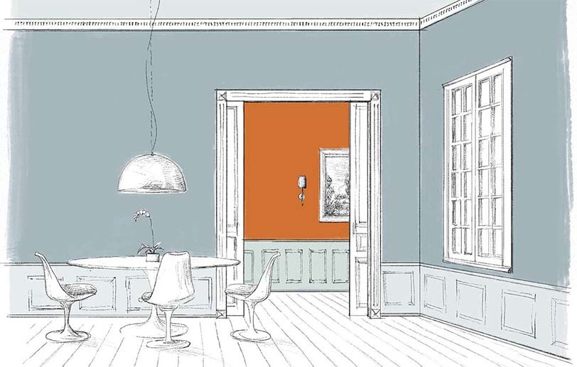 A sketch of a dining area with blue walls, a light blue ceiling and wainscoting and a orange hallway A sketch of a dining area with blue walls, a light blue ceiling and wainscoting and a orange hallway